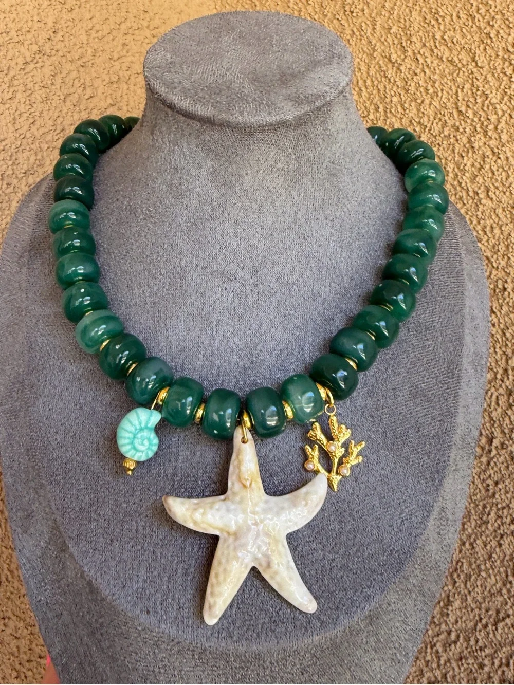 Green Beaded Starfish Charm Necklace - Summer Jewelry